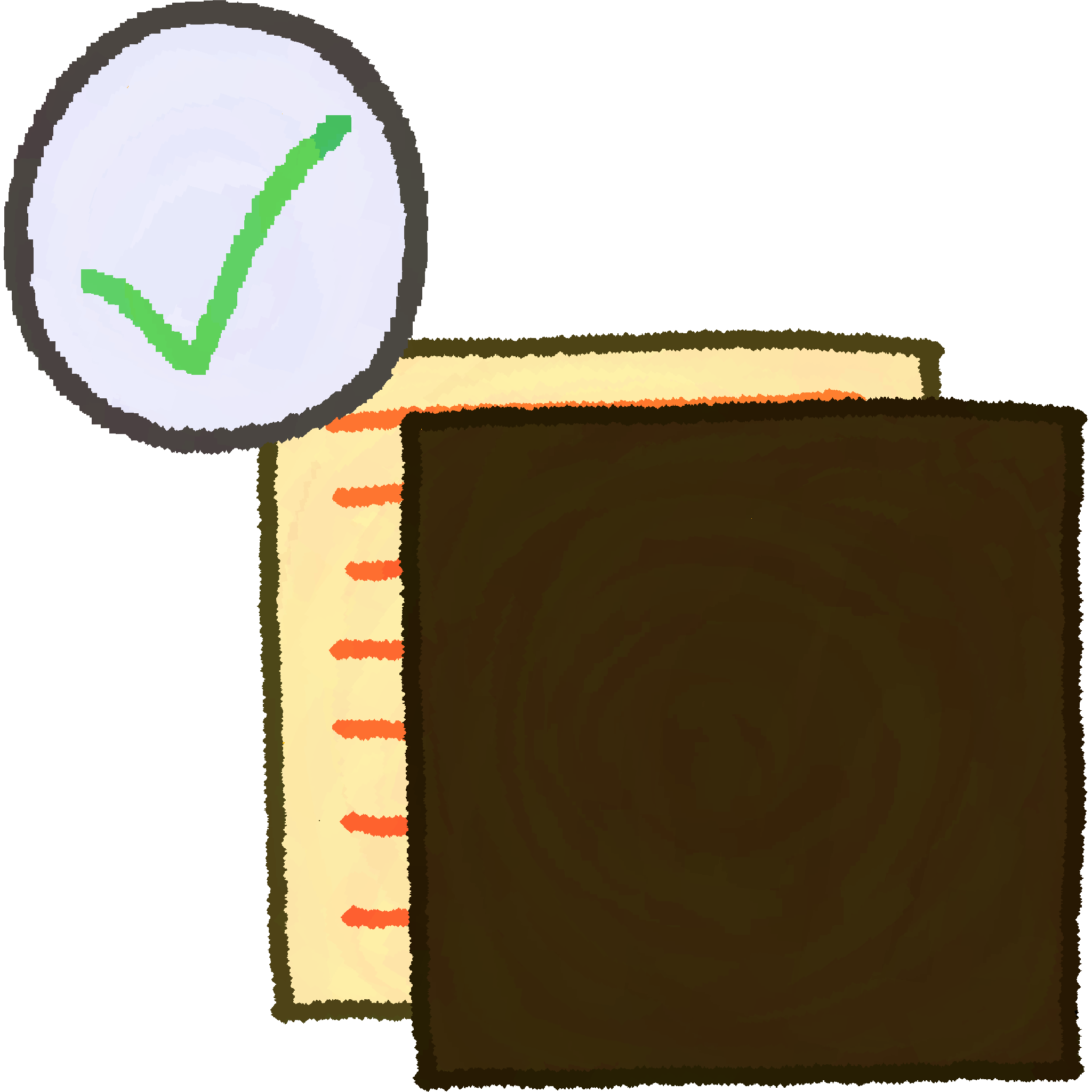 A piece of paper with lines of writing on it, mostly obscured by a big dark rectangle. There is a white circle with a green checkmark in it.